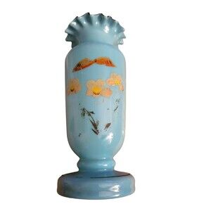 Vintage Bohemian Hand Painted Blue Glass  7" Footed Column Vase Ruffled *READ*